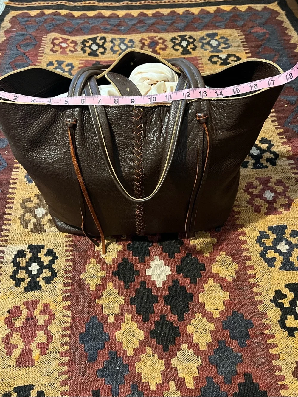 Women's Dark Brown Leather Tote Bag with Braided Center Detail